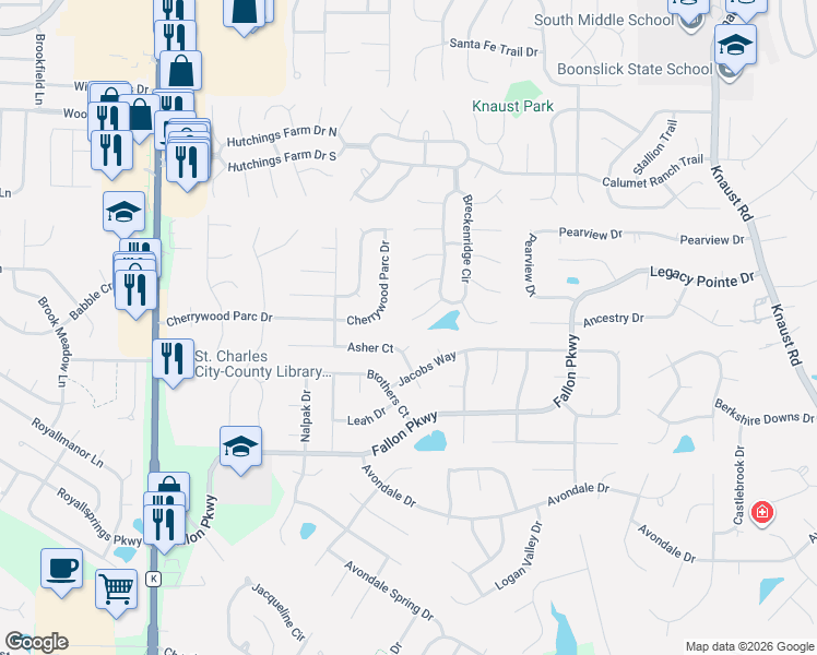 map of restaurants, bars, coffee shops, grocery stores, and more near 52 Lions Head Court in O'Fallon