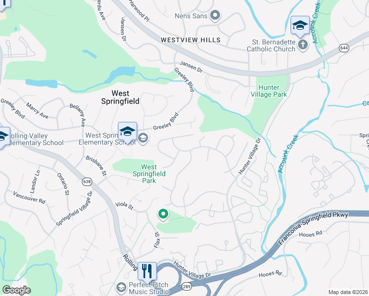 map of restaurants, bars, coffee shops, grocery stores, and more near 7901 Belleflower Drive in West Springfield