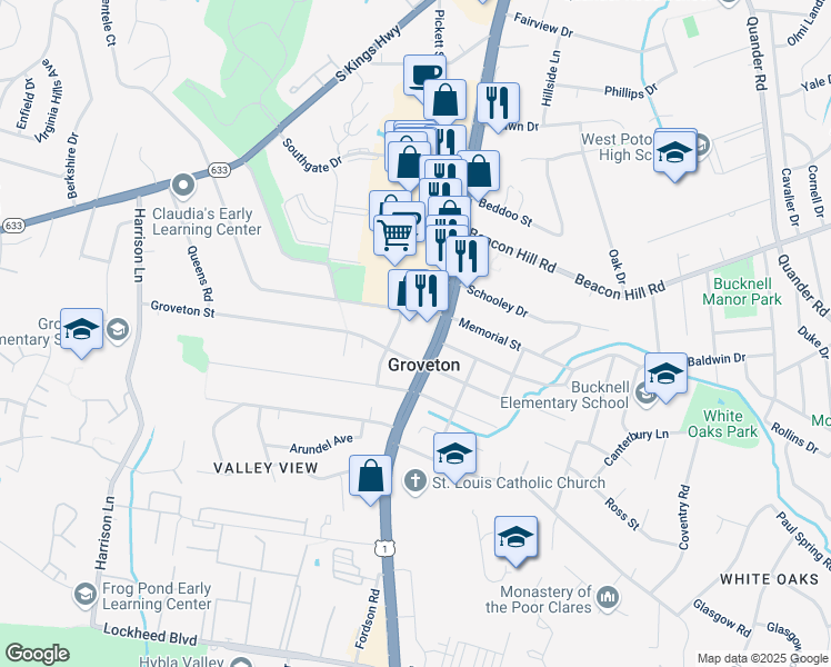 map of restaurants, bars, coffee shops, grocery stores, and more near 6850 Richmond Highway in Alexandria