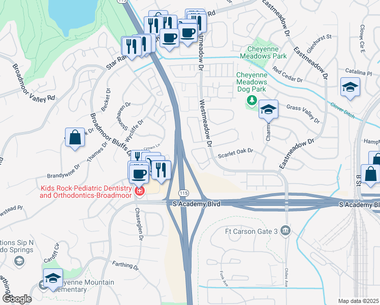 map of restaurants, bars, coffee shops, grocery stores, and more near 4397 Prestige Point in Colorado Springs