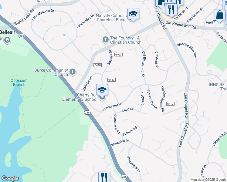 map of restaurants, bars, coffee shops, grocery stores, and more near 6545 Koziara Drive in Burke