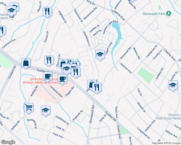 map of restaurants, bars, coffee shops, grocery stores, and more near 8546 Braxted Lane in Manassas