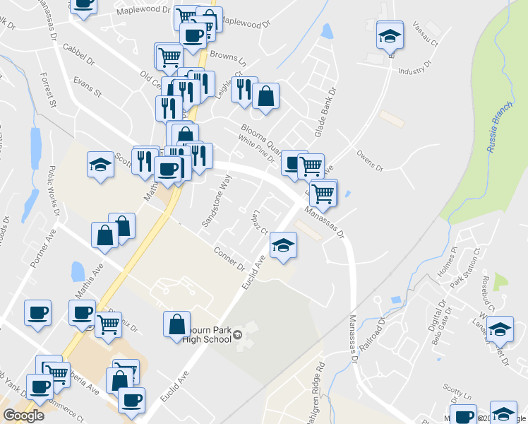 map of restaurants, bars, coffee shops, grocery stores, and more near 8641 Burnside Court in Manassas Park