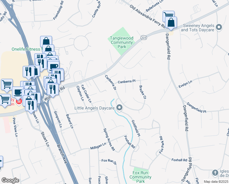 map of restaurants, bars, coffee shops, grocery stores, and more near 8807 Canberra Drive in Clinton