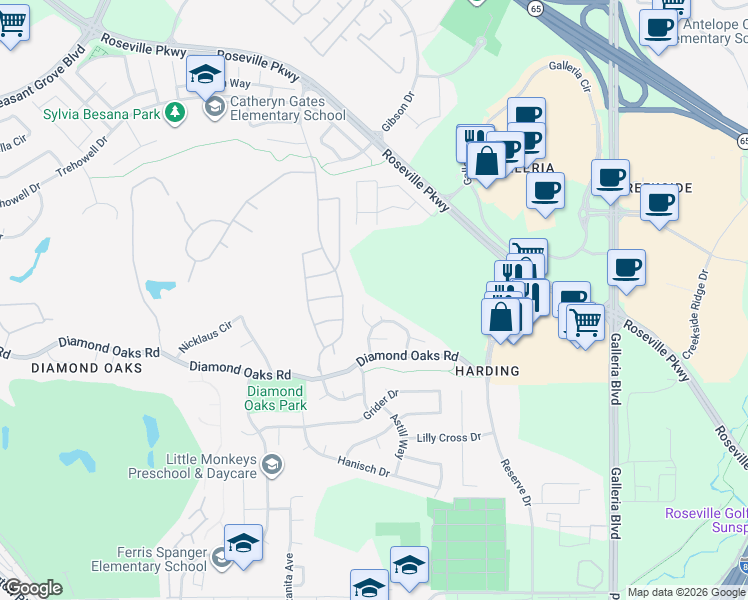 map of restaurants, bars, coffee shops, grocery stores, and more near 118 Amethyst Court in Roseville