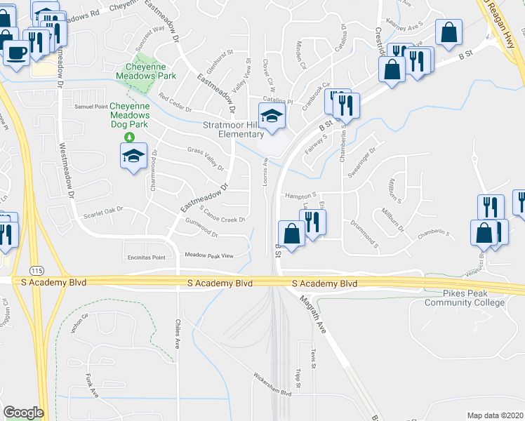 map of restaurants, bars, coffee shops, grocery stores, and more near 1703 South Canoe Creek Drive in Colorado Springs