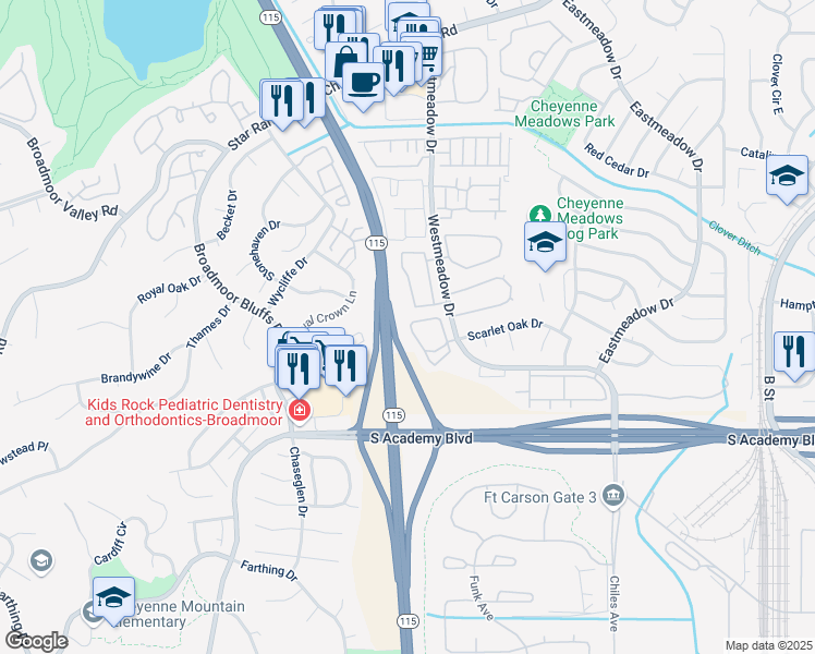 map of restaurants, bars, coffee shops, grocery stores, and more near 4397 Prestige Point in Colorado Springs