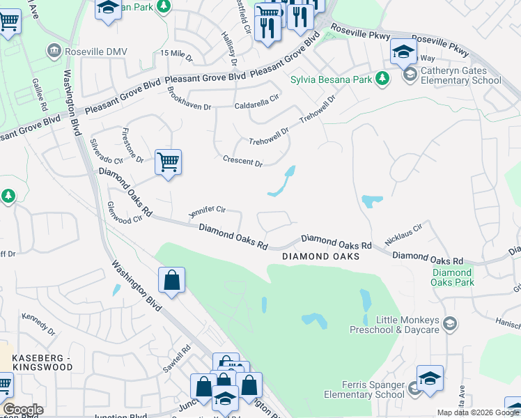 map of restaurants, bars, coffee shops, grocery stores, and more near 337 Ironwood Circle in Roseville