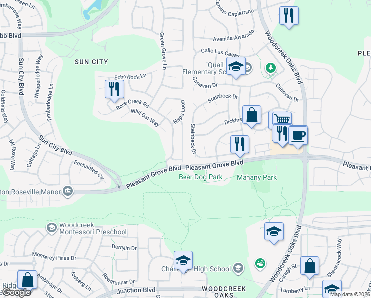 map of restaurants, bars, coffee shops, grocery stores, and more near 4016 Rose Creek Road in Roseville