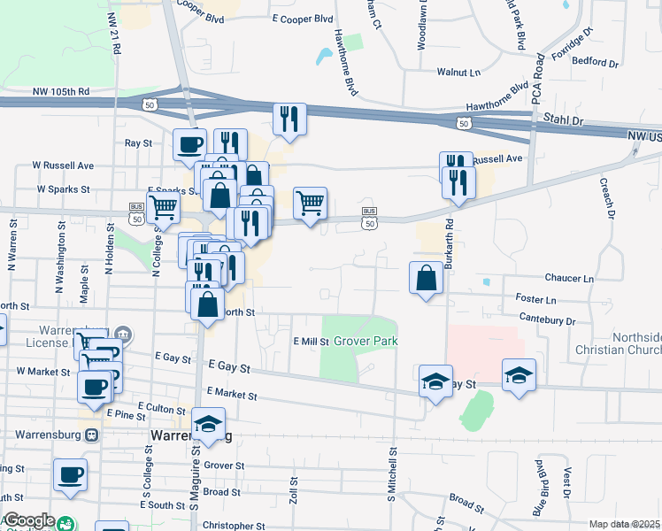 map of restaurants, bars, coffee shops, grocery stores, and more near 411 East North Street in Warrensburg