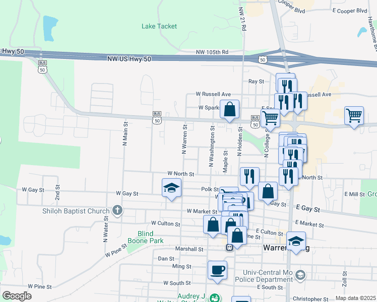 map of restaurants, bars, coffee shops, grocery stores, and more near 213 Lobban Street in Warrensburg