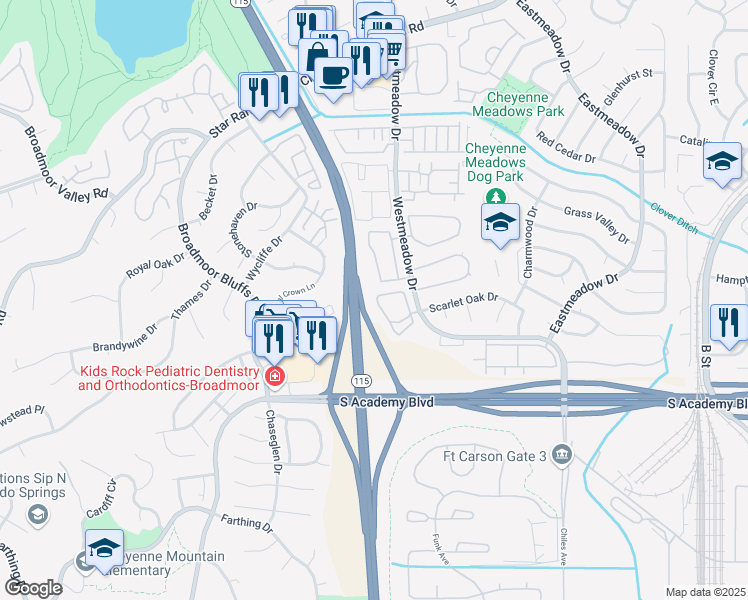 map of restaurants, bars, coffee shops, grocery stores, and more near 4397 Prestige Point in Colorado Springs