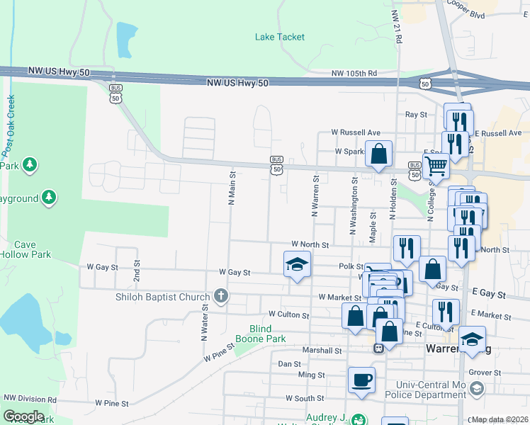 map of restaurants, bars, coffee shops, grocery stores, and more near 602 Laurel Avenue in Warrensburg