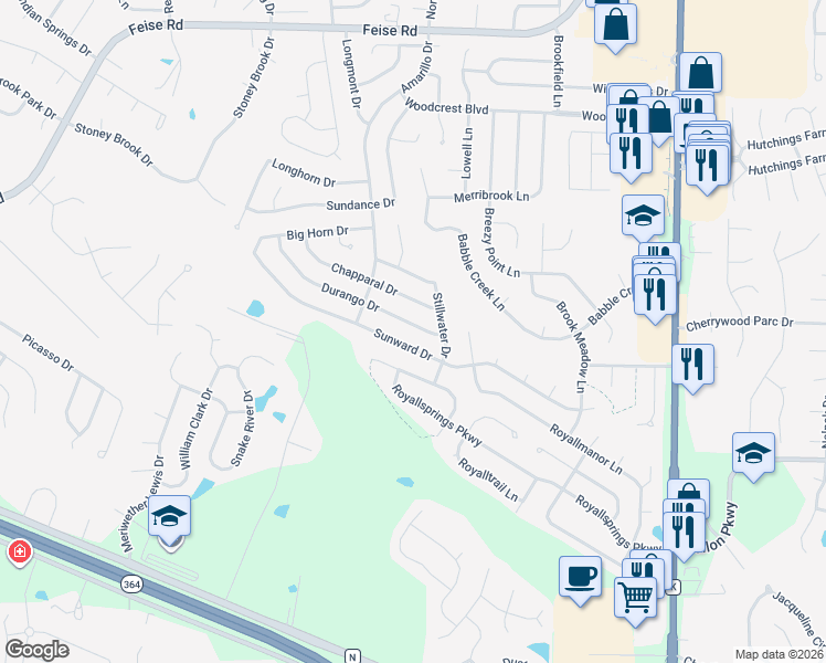 map of restaurants, bars, coffee shops, grocery stores, and more near 512 Durango Drive in O'Fallon