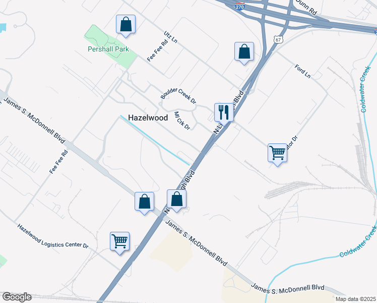 map of restaurants, bars, coffee shops, grocery stores, and more near 6027 North Lindbergh Boulevard in Hazelwood