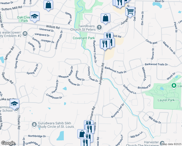 map of restaurants, bars, coffee shops, grocery stores, and more near 15 Country Creek Drive in Saint Peters
