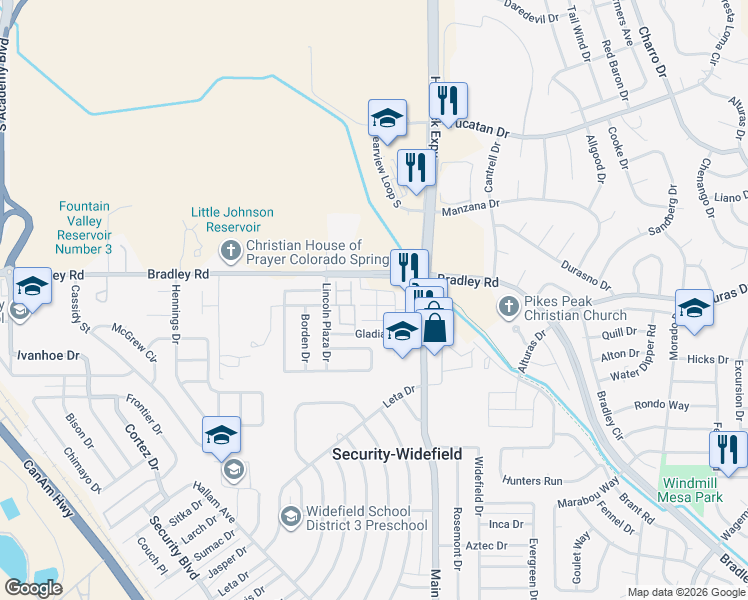 map of restaurants, bars, coffee shops, grocery stores, and more near 4297 Perryville Point in Colorado Springs