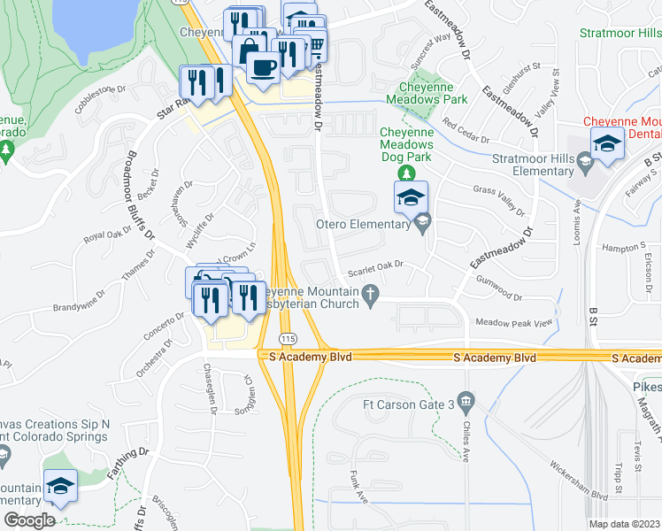 map of restaurants, bars, coffee shops, grocery stores, and more near 4565 Prestige Point in Colorado Springs