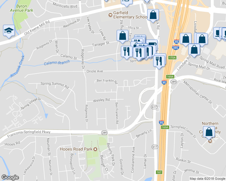 map of restaurants, bars, coffee shops, grocery stores, and more near 6817 Eighteenth Century Court in Springfield