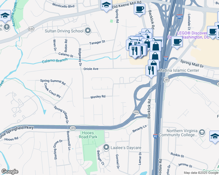 map of restaurants, bars, coffee shops, grocery stores, and more near 6817 Eighteenth Century Court in Springfield
