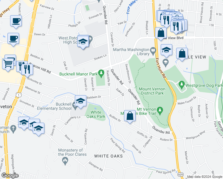 map of restaurants, bars, coffee shops, grocery stores, and more near 6829 Radcliffe Drive in Alexandria