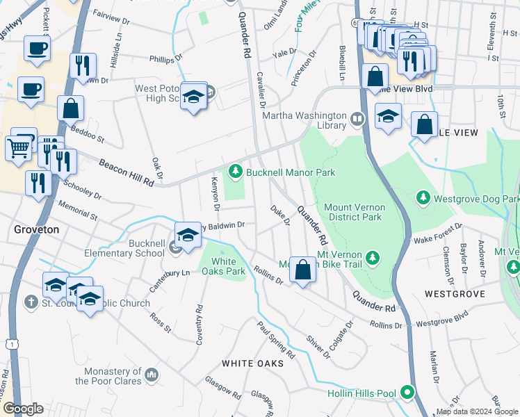 map of restaurants, bars, coffee shops, grocery stores, and more near 6829 Radcliffe Drive in Alexandria
