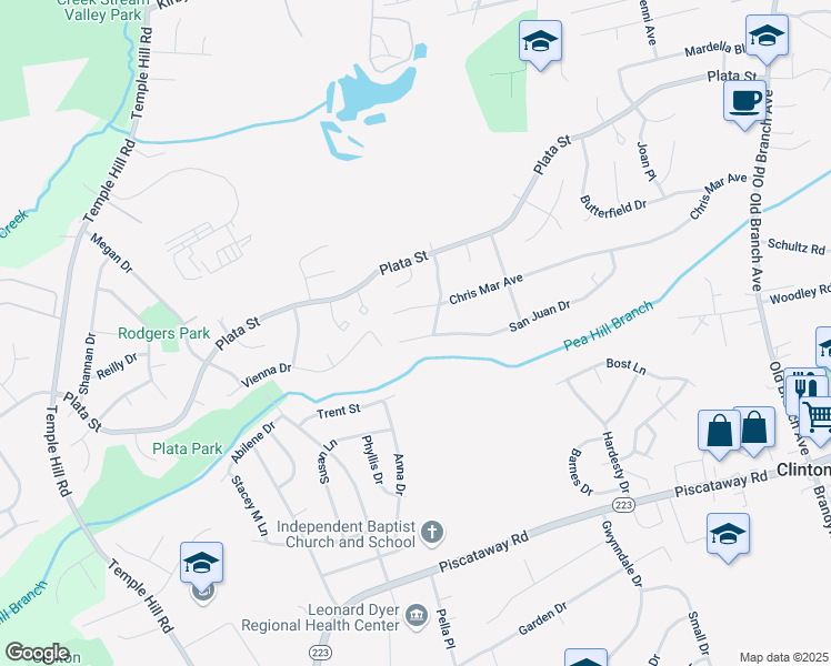 map of restaurants, bars, coffee shops, grocery stores, and more near 5404 San Juan Drive in Clinton