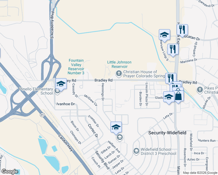map of restaurants, bars, coffee shops, grocery stores, and more near 4353 Hennings Drive in Colorado Springs
