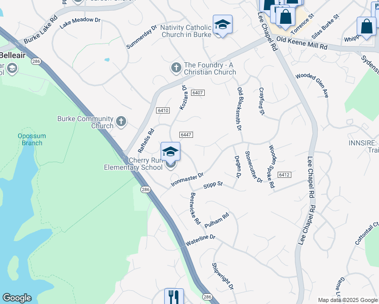 map of restaurants, bars, coffee shops, grocery stores, and more near 6545 Koziara Drive in Burke