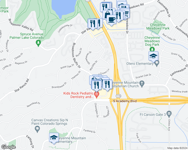 map of restaurants, bars, coffee shops, grocery stores, and more near 4265 Broadmoor Bluffs Drive in Colorado Springs