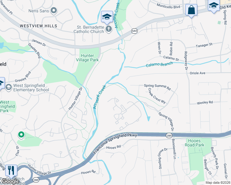 map of restaurants, bars, coffee shops, grocery stores, and more near 7440 Spring Village Drive in Springfield