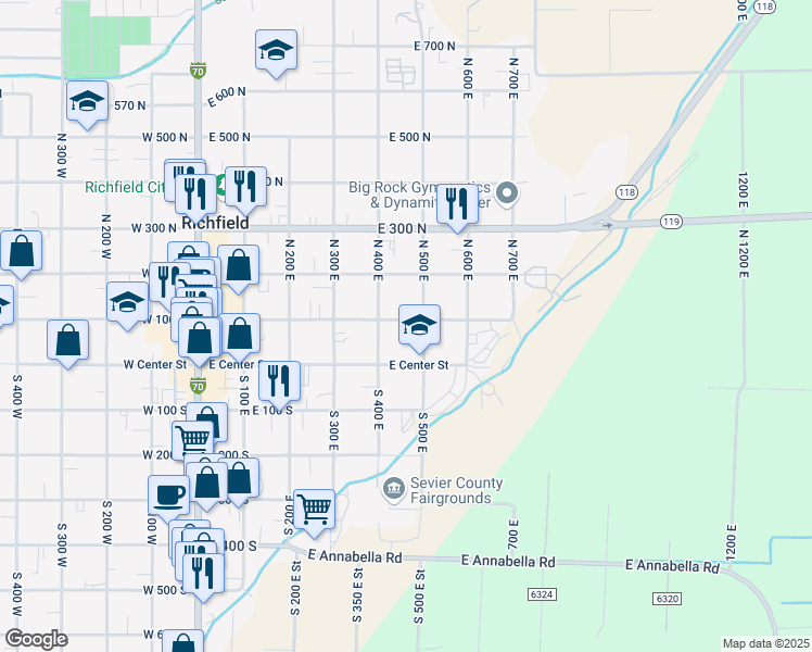 map of restaurants, bars, coffee shops, grocery stores, and more near 460 East 100 North in Richfield