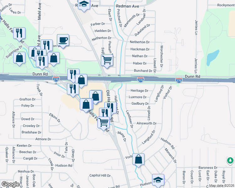 map of restaurants, bars, coffee shops, grocery stores, and more near 10831 Hallstead Drive in St. Louis