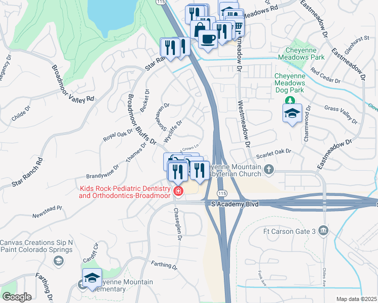 map of restaurants, bars, coffee shops, grocery stores, and more near 920 Royal Crown Lane in Colorado Springs