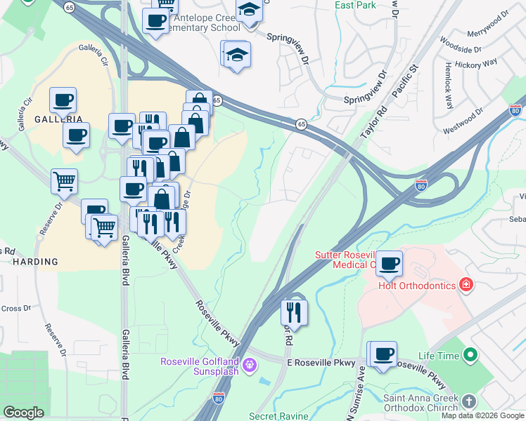 map of restaurants, bars, coffee shops, grocery stores, and more near 1298 Antelope Creek Drive in Roseville