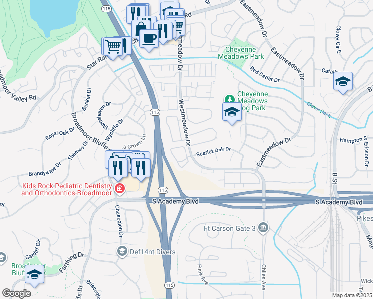 map of restaurants, bars, coffee shops, grocery stores, and more near 4561 Prestige Point in Colorado Springs