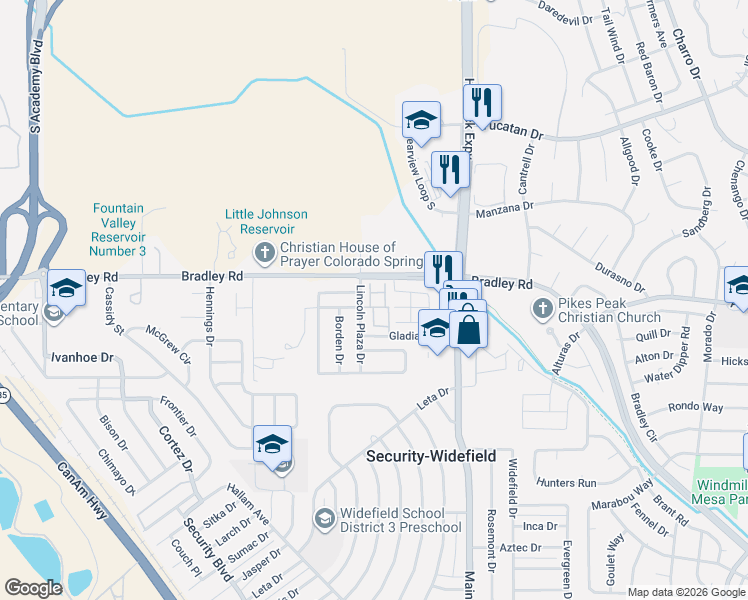 map of restaurants, bars, coffee shops, grocery stores, and more near 4430 Lincoln Plaza Drive in Colorado Springs