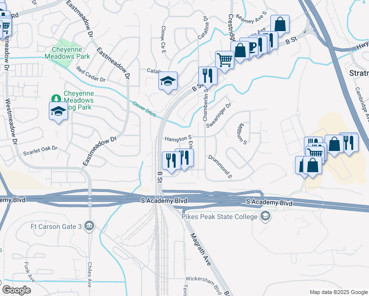 map of restaurants, bars, coffee shops, grocery stores, and more near 4319 Lashelle Avenue in Colorado Springs