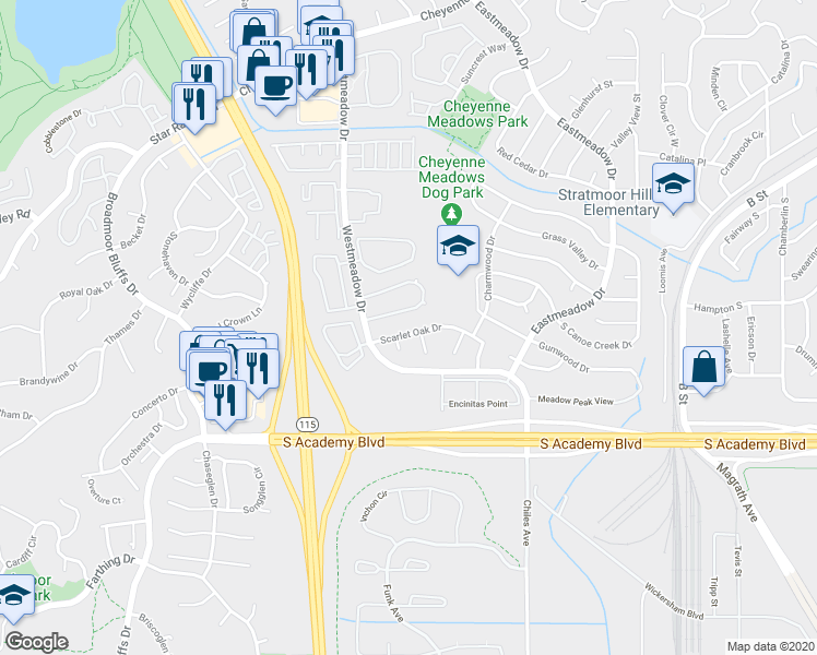 map of restaurants, bars, coffee shops, grocery stores, and more near 1047 Scarlet Oak Drive in Colorado Springs