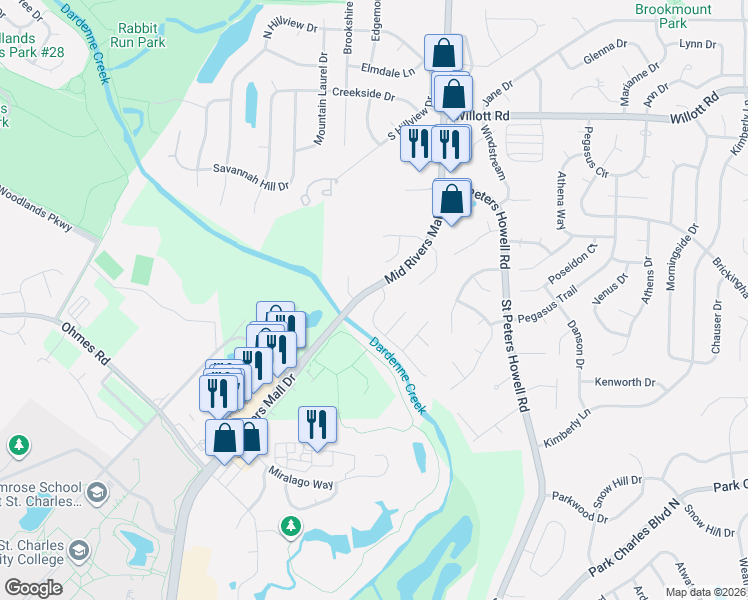 map of restaurants, bars, coffee shops, grocery stores, and more near 7 Fairfax Drive in St. Peters
