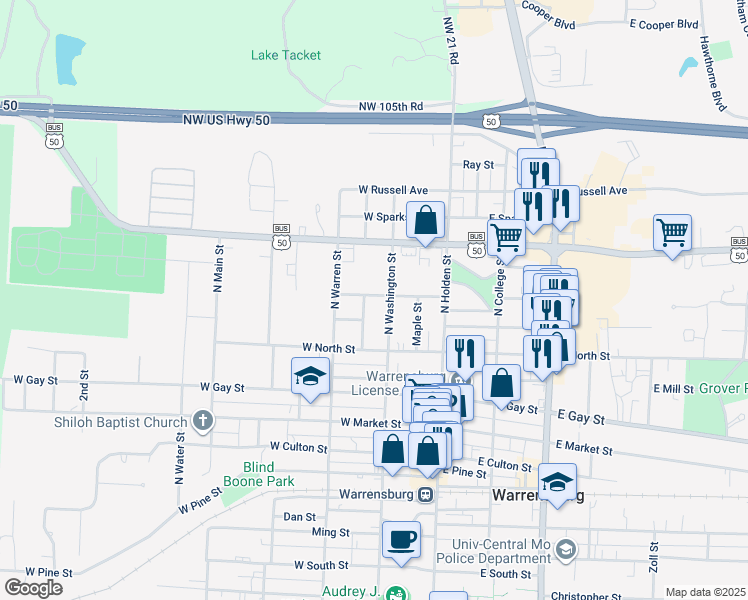 map of restaurants, bars, coffee shops, grocery stores, and more near 518 North Washington Street in Warrensburg