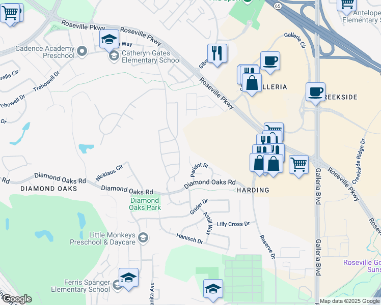 map of restaurants, bars, coffee shops, grocery stores, and more near 116 Amethyst Court in Roseville
