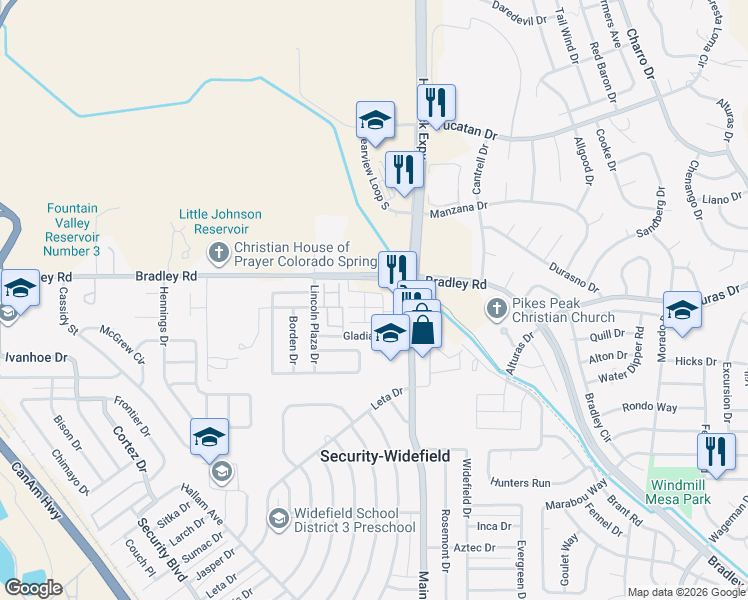 map of restaurants, bars, coffee shops, grocery stores, and more near 4694 Wharf Point in Colorado Springs