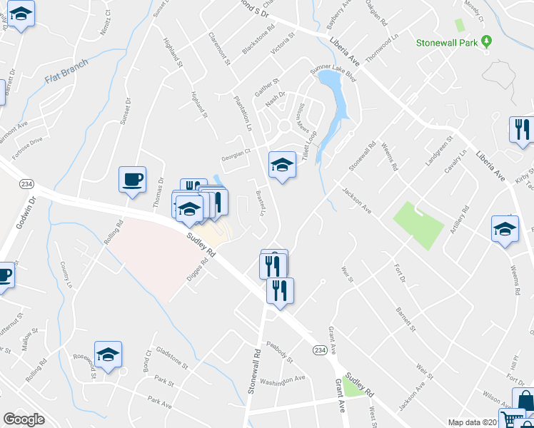 map of restaurants, bars, coffee shops, grocery stores, and more near 8543 Braxted Lane in Manassas