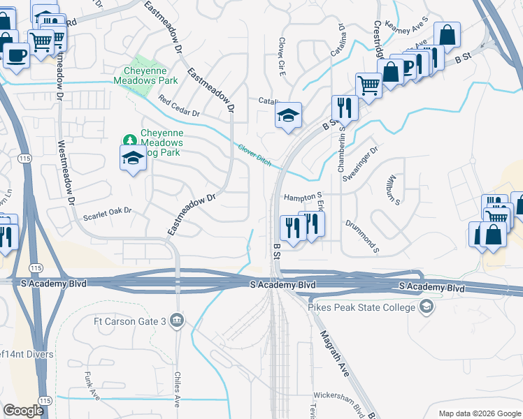map of restaurants, bars, coffee shops, grocery stores, and more near 4320 Loomis Avenue in Colorado Springs
