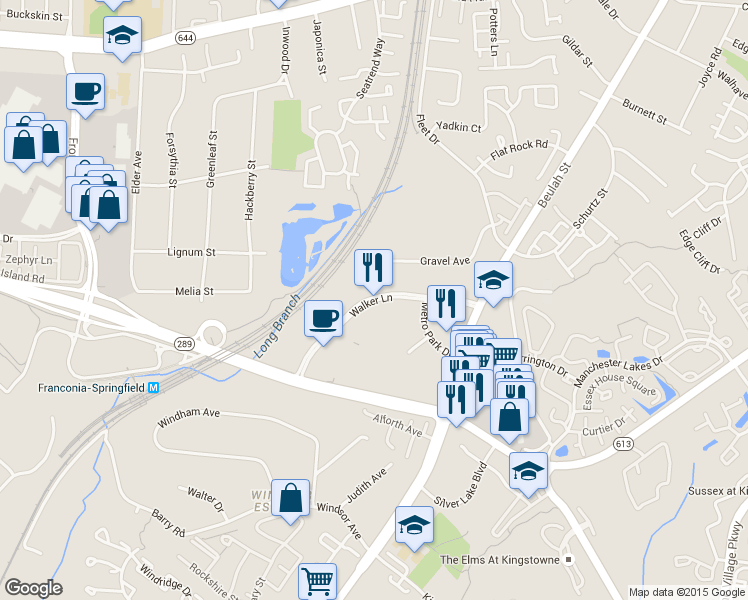 map of restaurants, bars, coffee shops, grocery stores, and more near Walker Lane in Franconia