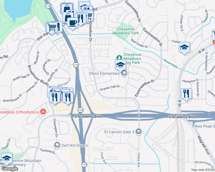 map of restaurants, bars, coffee shops, grocery stores, and more near 1047 Scarlet Oak Drive in Colorado Springs