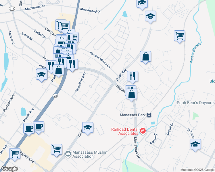 map of restaurants, bars, coffee shops, grocery stores, and more near 8631 Sumter Court in Manassas