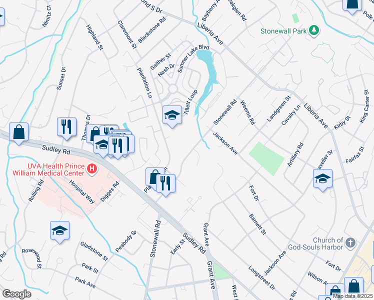 map of restaurants, bars, coffee shops, grocery stores, and more near 8610 Stonewall Road in Manassas