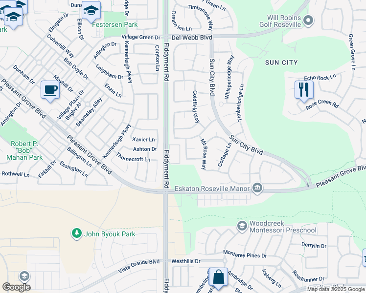 map of restaurants, bars, coffee shops, grocery stores, and more near 4921 Winter Haven Way in Roseville